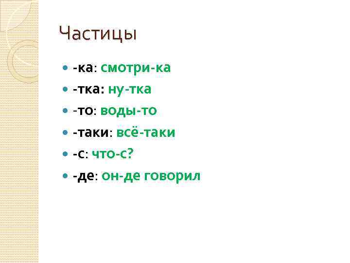 Частицы -ка: смотри-ка -тка: ну-тка -то: воды-то -таки: всё-таки -с: что-с? -де: он-де говорил