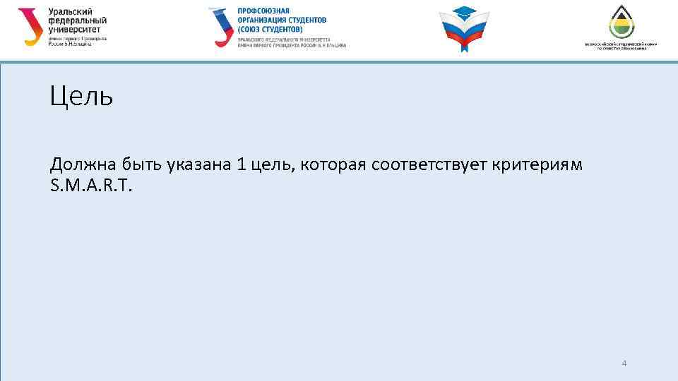 Цель Должна быть указана 1 цель, которая соответствует критериям S. M. A. R. T.