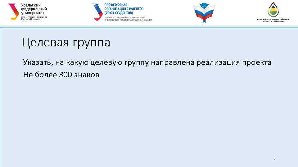 Целевая группа Указать, на какую целевую группу направлена реализация проекта Не более 300 знаков