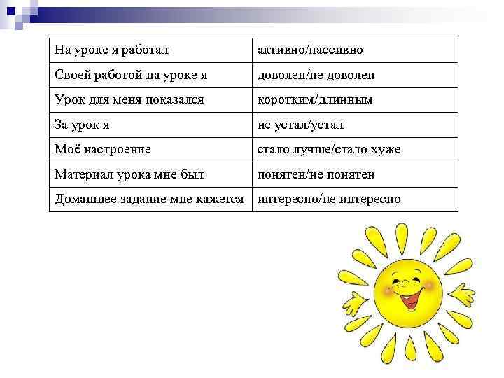 На уроке я работал активно/пассивно Своей работой на уроке я доволен/не доволен Урок для