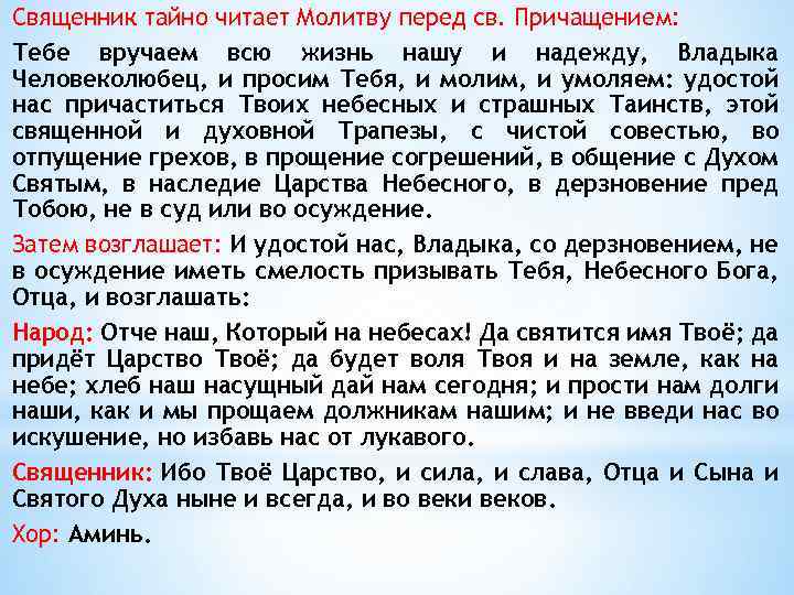 Священник тайно читает Молитву перед св. Причащением: Тебе вручаем всю жизнь нашу и надежду,