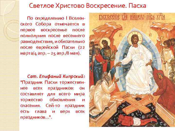 Светлое Христово Воскресение. Пасха По определению I Вселен ского Собора отмечается в первое воскресенье