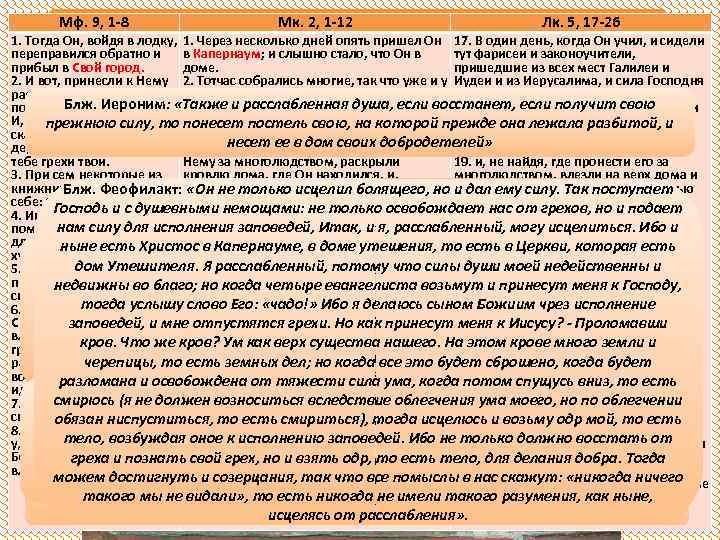 Мф. 9, 1 -8 Мк. 2, 1 -12 Лк. 5, 17 -26 Исцеление расслабленного