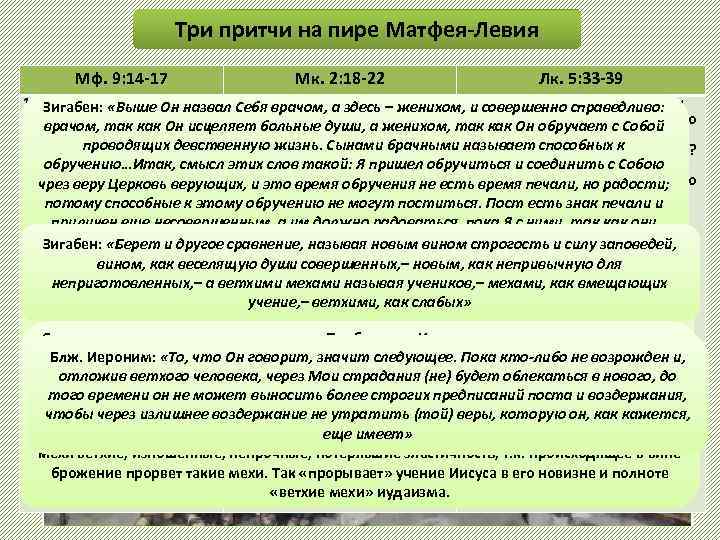 Три притчи на пире Матфея-Левия Мф. 9: 14 -17 Мк. 2: 18 -22 Лк.