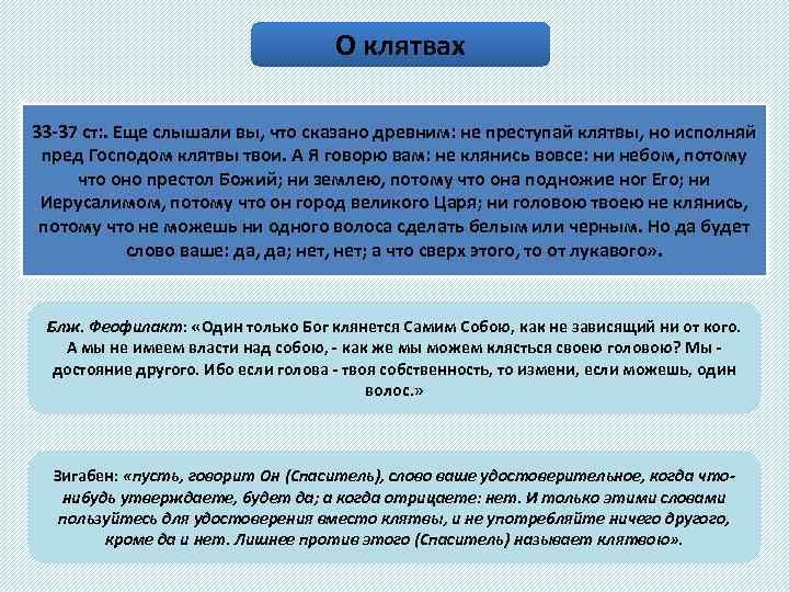 О клятвах 33 37 ст: . Еще слышали вы, что сказано древним: не преступай