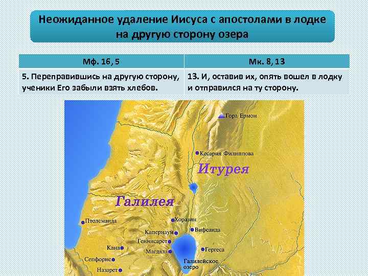 Неожиданное удаление Иисуса с апостолами в лодке на другую сторону озера Мф. 16, 5