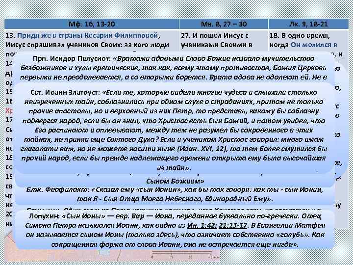 Мф. 16, 13 -20 Мк. 8, 27 – 30 Лк. 9, 18 -21 13.