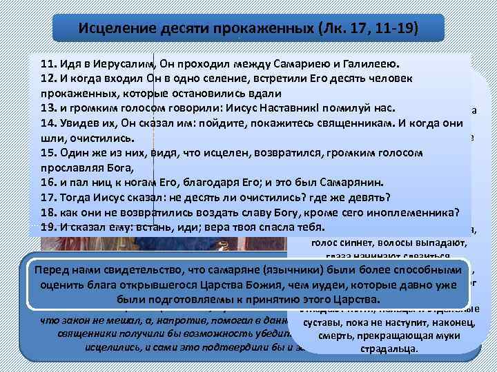 Исцеление десяти прокаженных (Лк. 17, 11 -19) 11. Идя в Иерусалим, Он проходил между