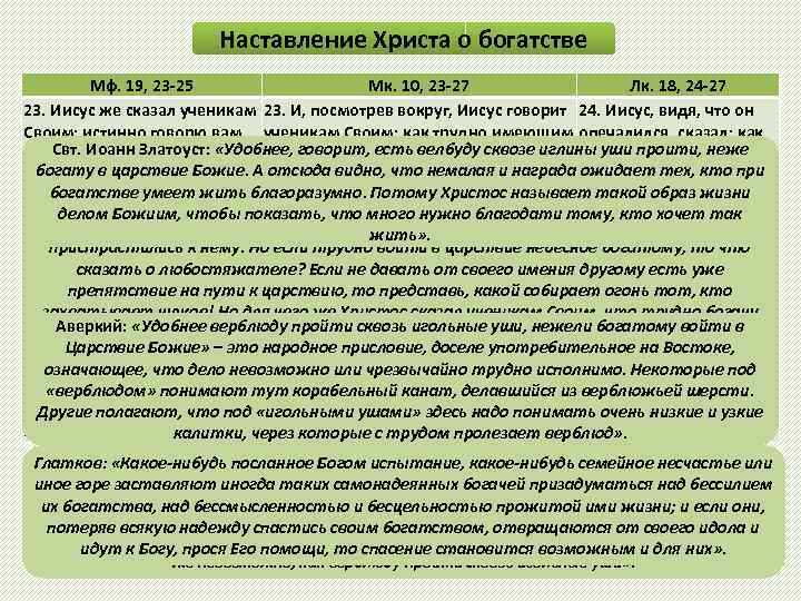Наставление Христа о богатстве Мф. 19, 23 -25 Мк. 10, 23 -27 Лк. 18,