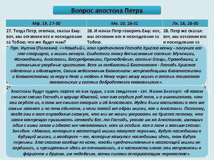 Вопрос апостола Петра Мф. 19, 27 -30 Мк. 10, 28 -31 Лк. 18, 28
