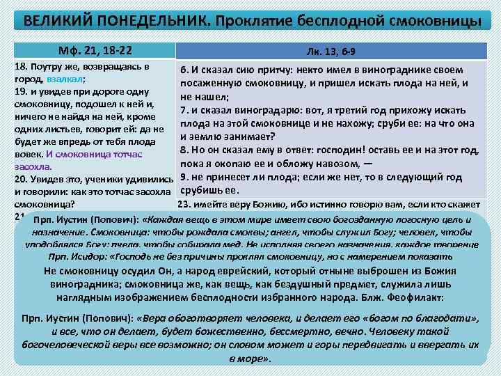 ВЕЛИКИЙ ПОНЕДЕЛЬНИК. Проклятие бесплодной смоковницы Мф. 21, 18 -22 Мк. 11, 12 -14; 20