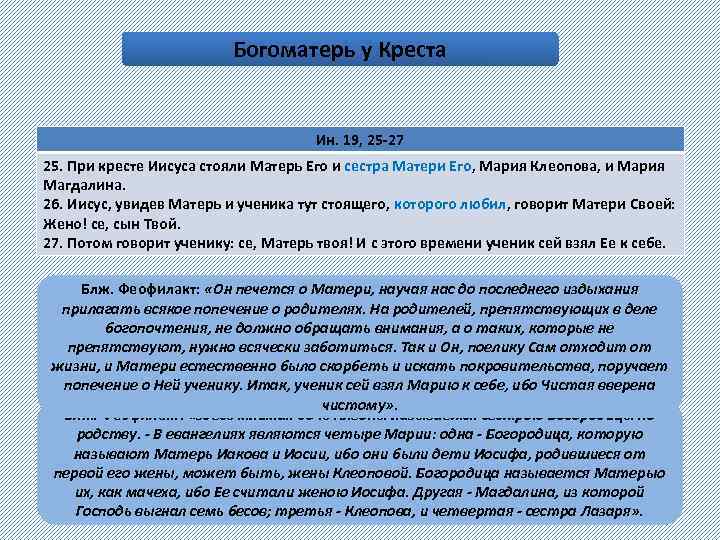 Богоматерь у Креста Ин. 19, 25 -27 25. При кресте Иисуса стояли Матерь Его