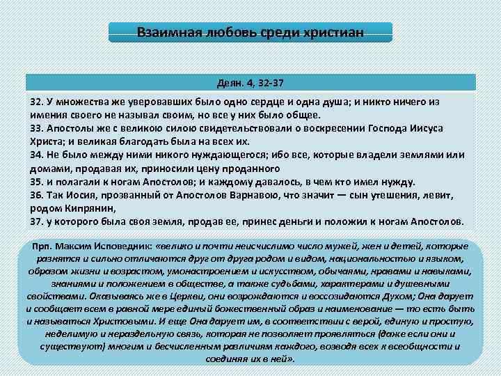 Взаимная любовь среди христиан Деян. 4, 32 -37 32. У множества же уверовавших было