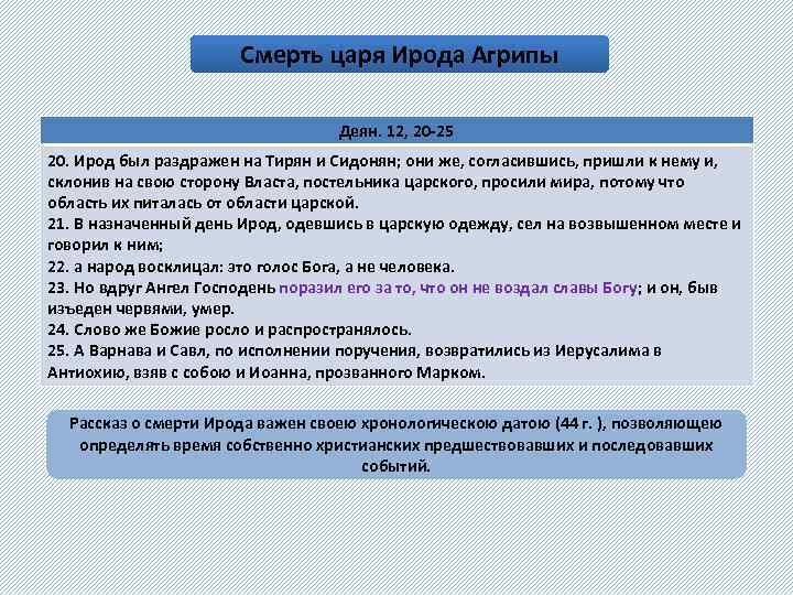Смерть царя Ирода Агрипы Деян. 12, 20 -25 20. Ирод был раздражен на Тирян