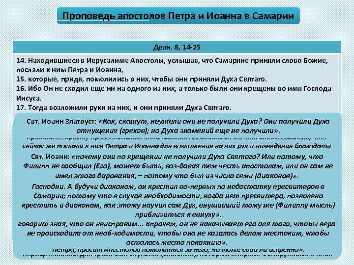 Проповедь апостолов Петра и Иоанна в Самарии Деян. 8, 14 -25 14. Находившиеся в