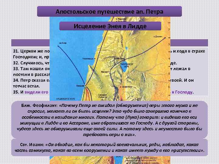 Апостольское путешествие ап. Петра Исцеление Энея в Лидде Деян. 9, 31 -35 31. Церкви