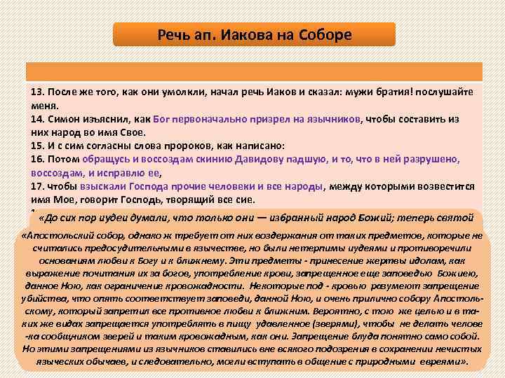 Речь ап. Иакова на Соборе 13. После же того, как они умолкли, начал речь