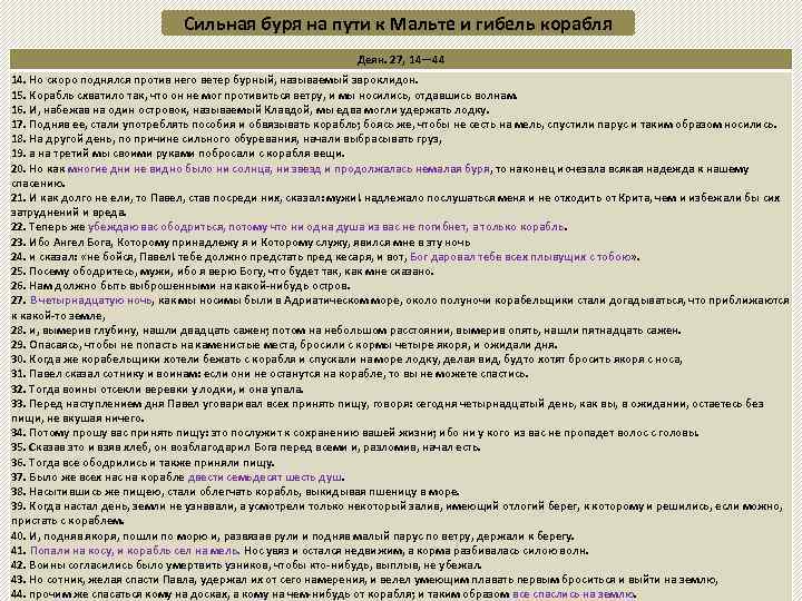 Сильная буря на пути к Мальте и гибель корабля Деян. 27, 14— 44 14.