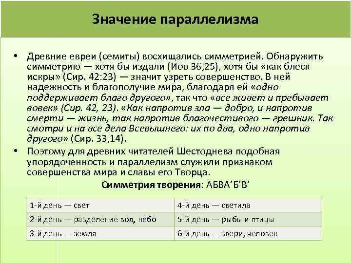 Значение параллелизма • Древние евреи (семиты) восхищались симметрией. Обнаружить симметрию — хотя бы издали