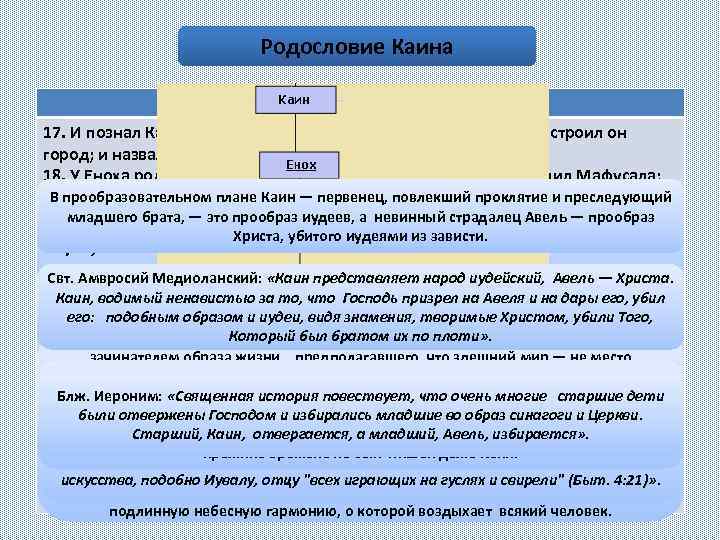 Родословие Каина Быт. 4, 17 -26 17. И познал Каин жену свою; и она