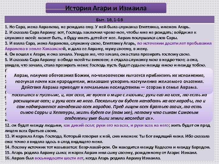 История Агари и Измаила Быт. 16, 1 -16 1. Но Сара, жена Аврамова, не