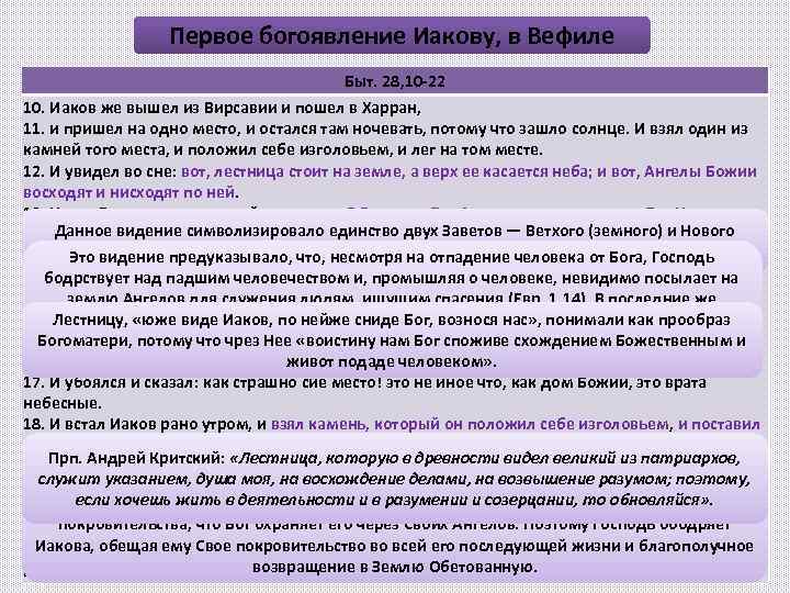 Первое богоявление Иакову, в Вефиле Быт. 28, 10 -22 10. Иаков же вышел из