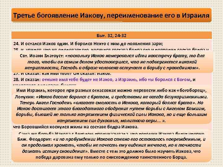 Третье богоявление Иакову, переименование его в Израиля Быт. 32, 24 -32 24. И остался