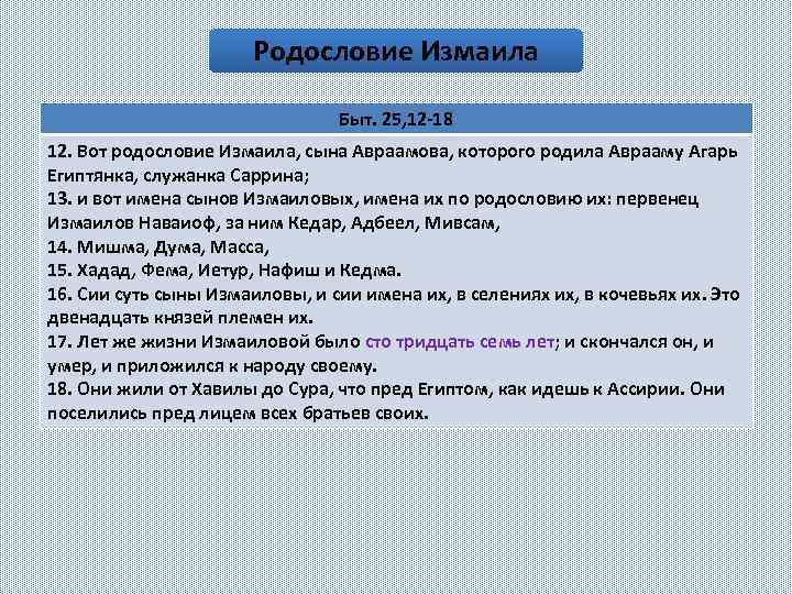 Родословие Измаила Быт. 25, 12 -18 12. Вот родословие Измаила, сына Авраамова, которого родила