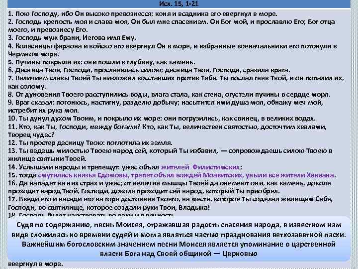 Исх. 15, 1 -21 1. Пою Господу, ибо Он высоко превознесся; коня и всадника