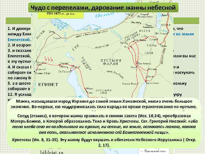 Чудо с перепелами, дарование манны небесной Исх. 16, 1 -15 1. И двинулись из