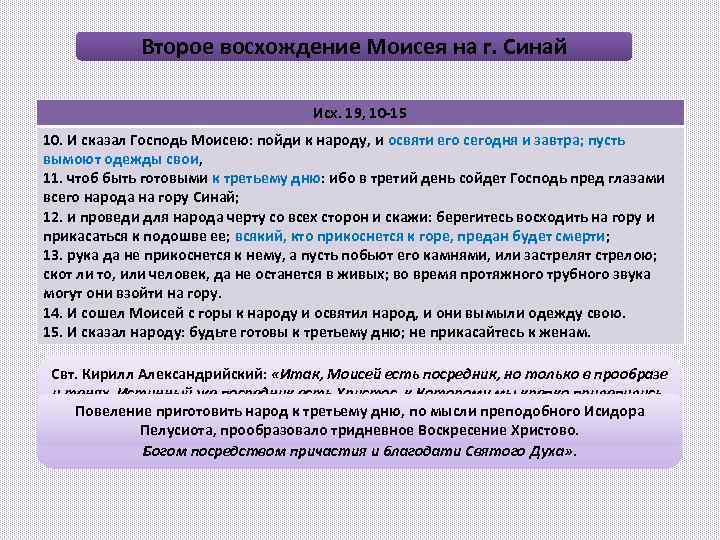 Второе восхождение Моисея на г. Синай Исх. 19, 10 -15 10. И сказал Господь