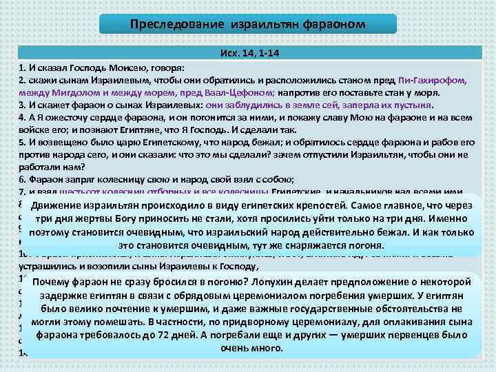 Преследование израильтян фараоном Исх. 14, 1 -14 1. И сказал Господь Моисею, говоря: 2.