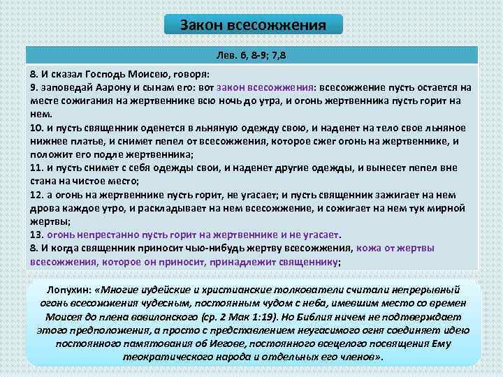 Закон всесожжения Лев. 6, 8 -9; 7, 8 8. И сказал Господь Моисею, говоря: