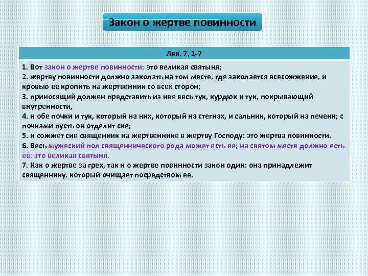 Закон о жертве повинности Лев. 7, 1 -7 1. Вот закон о жертве повинности: