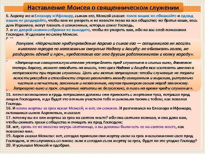 Наставление Моисея о священническом служении Лев. 10, 6 -20 6. Аарону же и Елеазару