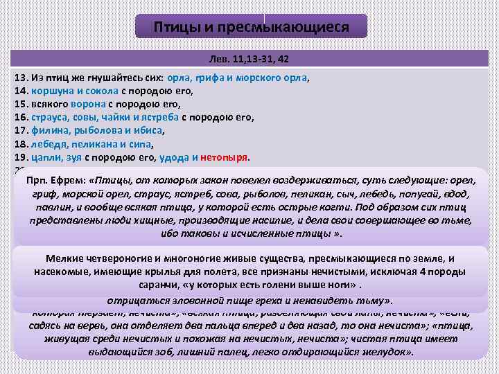 Птицы и пресмыкающиеся Лев. 11, 13 -31, 42 13. Из птиц же гнушайтесь сих: