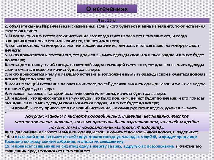 О истечениях Лев. 15 гл 2. объявите сынам Израилевым и скажите им: если у