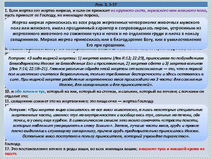 Лев. 3, 1 -17 1. Если жертва его жертва мирная, и если он приносит