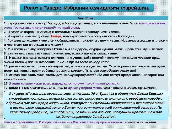 Ропот в Тавере. Избрании семидесяти старейшин. Чис. 11 гл. 1. Народ стал роптать вслух