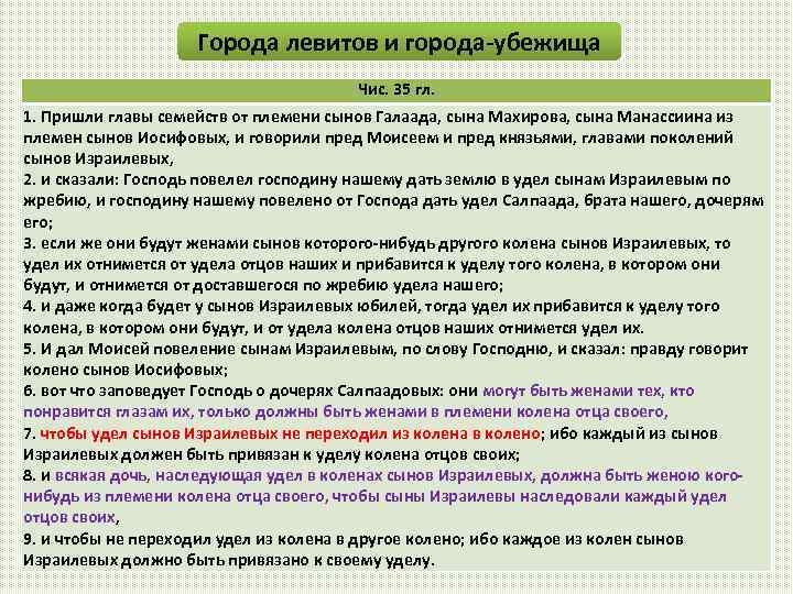 Города левитов и города-убежища Чис. 35 гл. 1. Пришли главы семейств от племени сынов