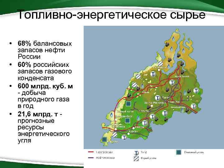 Топливно-энергетическое сырье • 68% балансовых запасов нефти России • 60% российских запасов газового конденсата