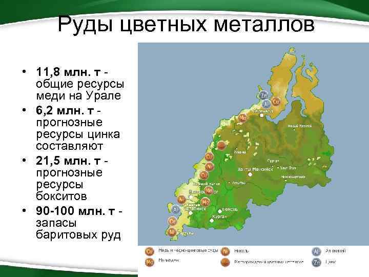 Руды цветных металлов • 11, 8 млн. т - общие ресурсы меди на Урале