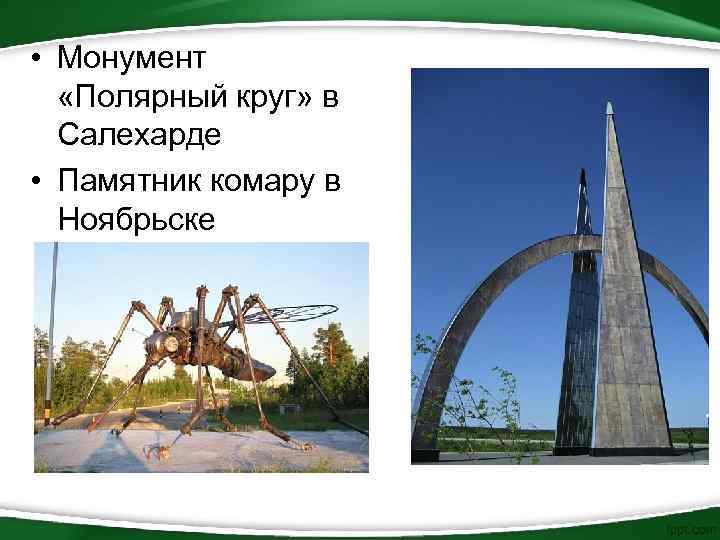  • Монумент «Полярный круг» в Салехарде • Памятник комару в Ноябрьске 