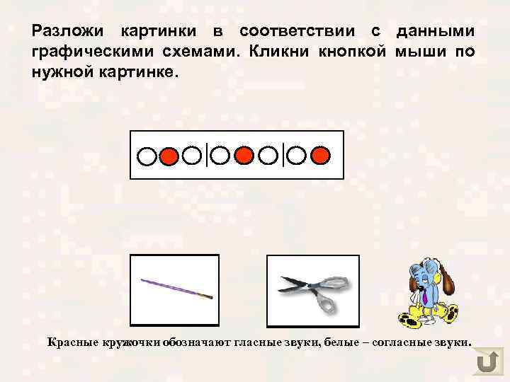 Разложи картинки в соответствии с данными графическими схемами. Кликни кнопкой мыши по нужной картинке.