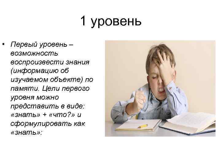 1 уровень • Первый уровень – возможность воспроизвести знания (информацию об изучаемом объекте) по