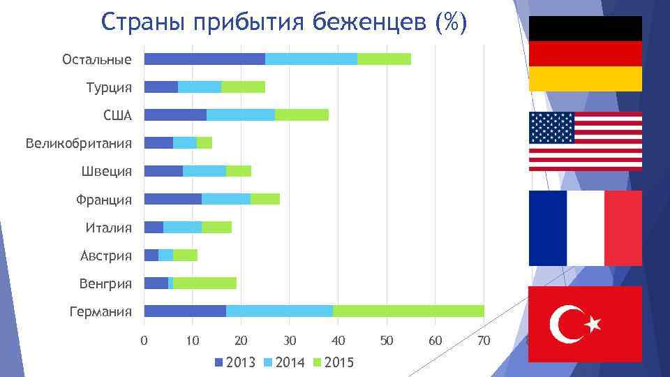 Страны прибытия беженцев (%) Остальные Турция США Великобритания Швеция Франция Италия Австрия Венгрия Германия