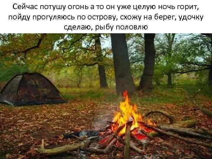 Сейчас потушу огонь а то он уже целую ночь горит, пойду прогуляюсь по острову,