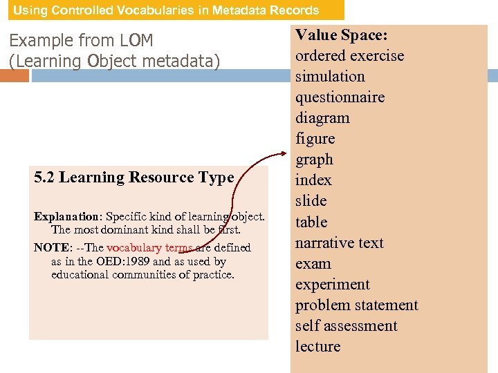 Using Controlled Vocabularies in Metadata Records Example from LOM (Learning Object metadata) 5. 2