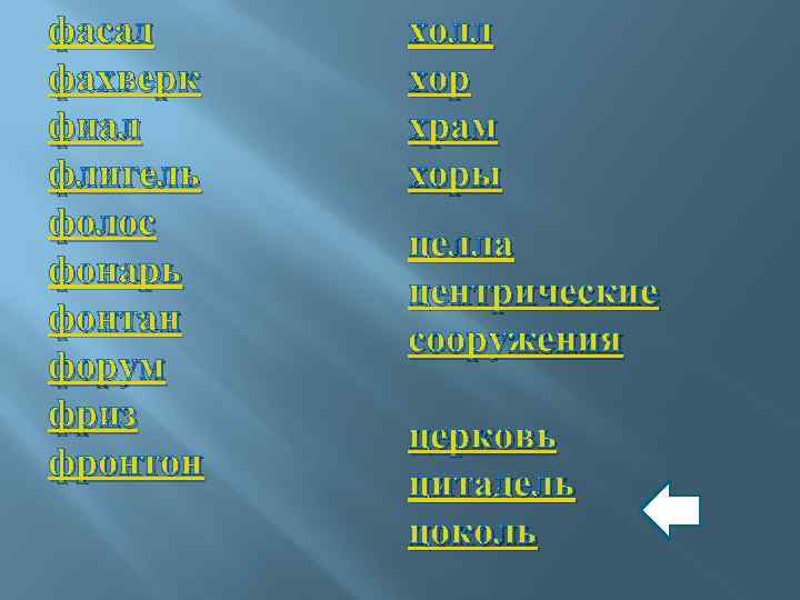 фасад фахверк фиал флигель фолос фонарь фонтан форум фриз фронтон холл хор храм хоры