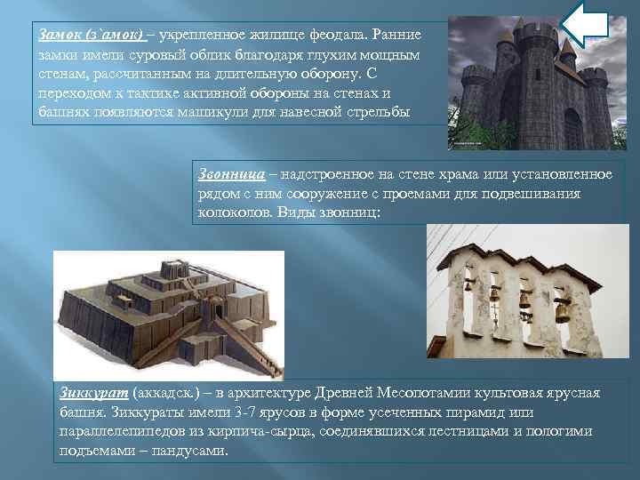 Замок (з`амок) – укрепленное жилище феодала. Ранние замки имели суровый облик благодаря глухим мощным